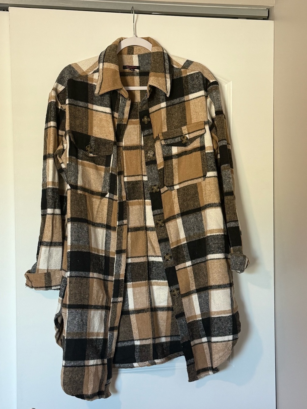 Plaid Shacket Jacket in Tan, Black & White